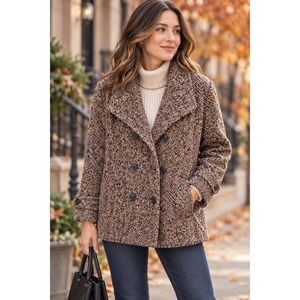 Preston & York Petite 16P Brown Herringbone Tweed Wool Blend Pea Coat Jacket
